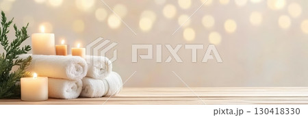Soft, fluffy towels rolled and stacked on a wooden surface, surrounded by burning candles, create a tranquil spa ambiance with a warm bokeh background 130418330