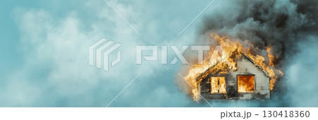 Flames and thick smoke engulfing a burning residential house under a cloudy sky, illustrating the dangers and potential devastation of house fires 130418360