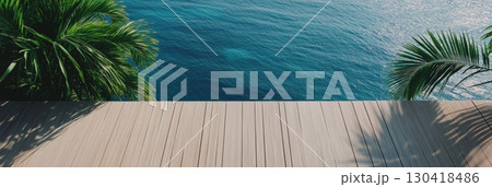 Luxurious wooden terrace with palm trees overlooking a stunning blue ocean, creating the perfect setting for a relaxing and tranquil summer holiday 130418486