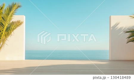 Wooden terrace featuring palm trees, overlooking a tranquil ocean under a clear sky, creating a serene and idyllic atmosphere perfect for a luxurious summer getaway Wooden terrace featuring palm trees, overlooking a tranquil ocean under a clear sky, creating a serene and idyllic atmosphere perfect for a luxurious summer getaway 130418489