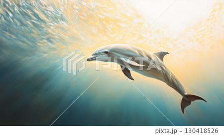 Dolphin swimming gracefully through sunlit ocean waters, creating a serene and captivating underwater scene filled with vibrant light, ripples, and the beauty of marine life 130418526