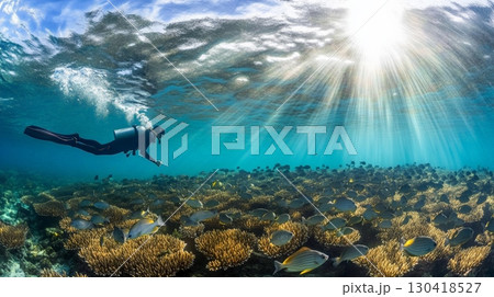 Scuba diver glides above a colorful coral reef, surrounded by schools of fish. Sunlight pierces the water, creating a mesmerizing underwater scene filled with life and movement 130418527