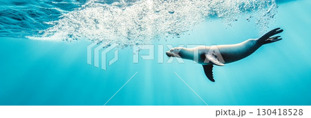 Sea lion swimming gracefully underwater in a vibrant blue ocean, with air bubbles rising towards the surface, creating a serene and captivating scene 130418528