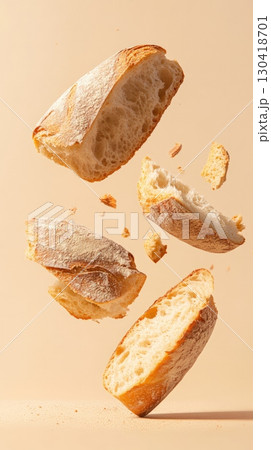 Four slices of bread of different sizes are levitating and rotating on a beige background, with some crumbs falling down, creating a dynamic and appetizing scene Four slices of bread of different sizes are levitating and rotating on a beige background, with some crumbs falling down, creating a dynamic and appetizing scene 130418701