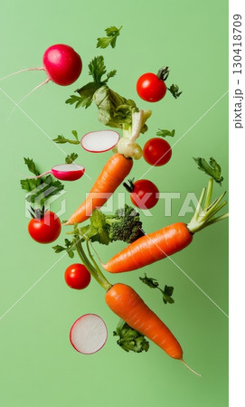 Carrots, tomatoes, radishes, broccoli, and parsley are levitating on a vibrant green background, creating a dynamic and colorful composition that emphasizes freshness and healthy eating 130418709
