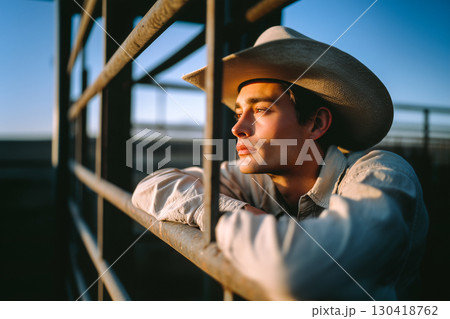 A man in a cowboy hat is leaning against a fence 130418762