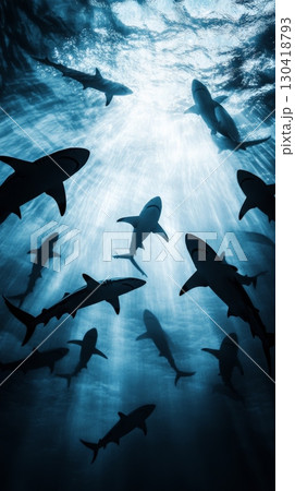 Captivating underwater scene featuring a group of sharks swimming gracefully beneath the ocean surface, illuminated by sunrays filtering through the water 130418793