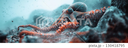 Octopus crawling over rocks on the ocean floor, surrounded by bubbles rising to the surface, creates a mesmerizing underwater scene filled with vibrant marine life and color Octopus crawling over rocks on the ocean floor, surrounded by bubbles rising to the surface, creates a mesmerizing underwater scene filled with vibrant marine life and color 130418795