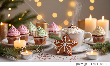 Christmas cupcakes with whipped topping and hot cocoa served with gingerbread cookie and candles on festive table. Warm holiday scene. 130418899