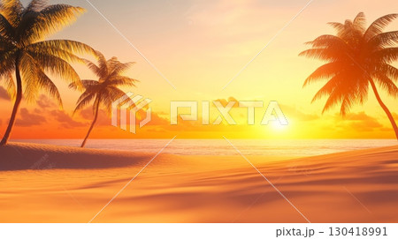 Palm trees silhouettes at sunset on a tropical beach creating a relaxing summer holiday atmosphere, perfect for travel and tourism related projects 130418991