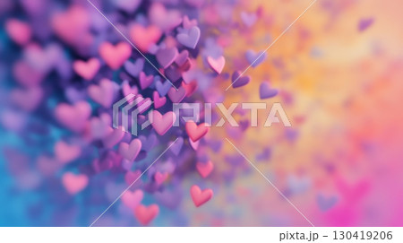 Floating purple and pink hearts on a vibrant gradient background of blue, orange, and pink create a romantic, dreamy atmosphere ideal for celebrations 130419206