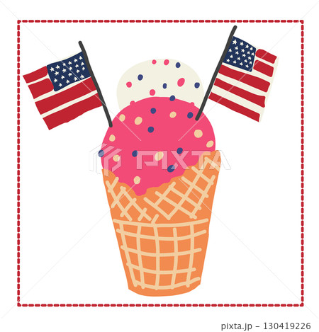 Hand drawn vector illustration of ice cream decorated american flags. 130419226