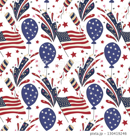 Hand drawn vector seamless pattern. Patriotic background with American flags, air baloons and fireworks. Hand drawn vector seamless pattern. Patriotic background with American flags, air baloons and fireworks. 130419246