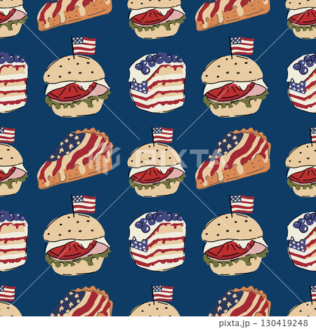 Hand drawn vector seamless pattern. Patriotic background with American flags, cakes and donuts. 130419248