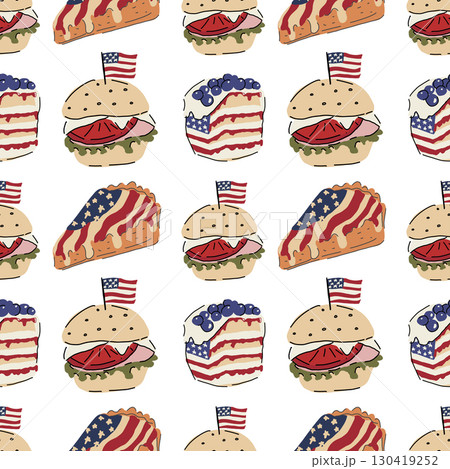 Hand drawn vector seamless pattern. Patriotic background with American flags, cakes and donuts. 130419252