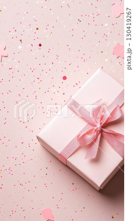 Pink gift box with a delicate ribbon on a festive pink background adorned with colorful confetti, creating a perfect scene for valentine's day, women's day, or other spring celebrations 130419267