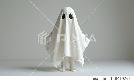 Person in Classic Ghost Costume with White Sheet in Minimal Studio Setting. 130419268