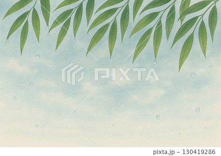 竹の葉シリーズ：雨上がりの竹の葉の背景（横長） 130419286