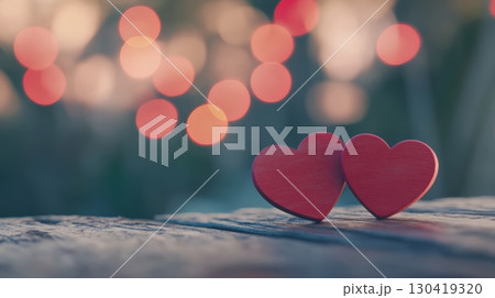 Two red wooden hearts standing on a rustic wooden table with a beautiful bokeh background creating a romantic atmosphere, perfect for valentine's day, anniversaries, or declarations of love 130419320