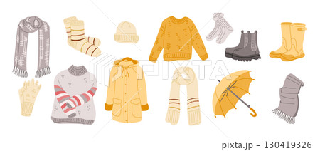 Collection of cozy fall and winter clothing items including sweaters, scarves, boots, and umbrella in hand drawn style Collection of cozy fall and winter clothing items including sweaters, scarves, boots, and umbrella in hand drawn style 130419326
