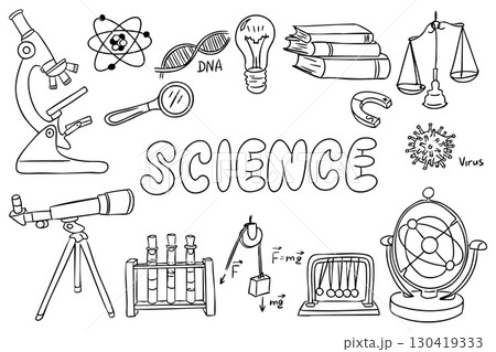 Hand drawn science doodles including microscope, DNA, telescope, virus, and formulas in a playful composition 130419333
