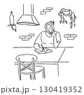Woman sitting at a kitchen table talking on the phone and writing in a notebook in hand drawn black and white style 130419352