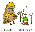 Cute potato character wearing a winter hat and scarf warming up by the campfire with a kettle in hand drawn style 130419354
