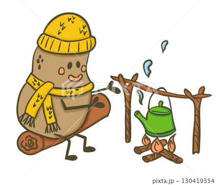 Cute potato character wearing a winter hat and scarf warming up by the campfire with a kettle in hand drawn style 130419354