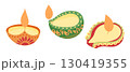 Set of colorful Diwali oil lamps with flames in traditional decorative style 130419355