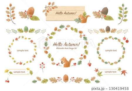 水彩風 秋のどんぐりフレーム・イラストセット(リス・紅葉・赤い実) 水彩風 秋のどんぐりフレーム・イラストセット(リス・紅葉・赤い実) 130419458