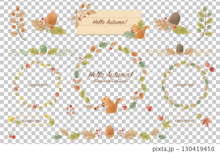 水彩風 秋のどんぐりフレーム・イラストセット(リス・紅葉・赤い実) 水彩風 秋のどんぐりフレーム・イラストセット(リス・紅葉・赤い実) 130419458