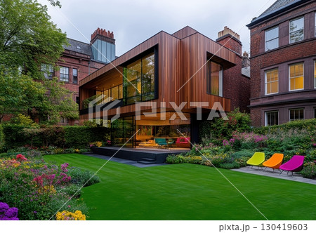 Modern wood-clad house with expansive glass windows, nestled in a vibrant garden, showcasing contemporary architecture Modern wood-clad house with expansive glass windows, nestled in a vibrant garden, showcasing contemporary architecture 130419603