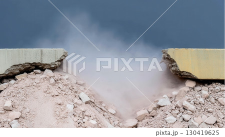 Demolition dust billows as a concrete barrier is broken, creating a dramatic scene of destruction and debris Demolition dust billows as a concrete barrier is broken, creating a dramatic scene of destruction and debris 130419625