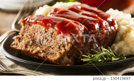 Juicy sliced meatloaf topped with tangy tomato glaze, served with creamy mashed potatoes and fresh rosemary on a black plate Juicy sliced meatloaf topped with tangy tomato glaze, served with creamy mashed potatoes and fresh rosemary on a black plate 130419697