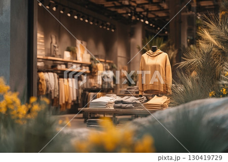 A contemporary store displays casual apparel on racks and tables. A warm yellow hoodie is featured prominently, surrounded by soft hues and stylish designs, creating a welcoming shopping atmosphere. 130419729