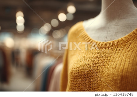 A knitted yellow sweater is showcased on a mannequin in a boutique. The background features blurred clothing racks, creating a warm and inviting atmosphere that highlights the apparel. 130419749