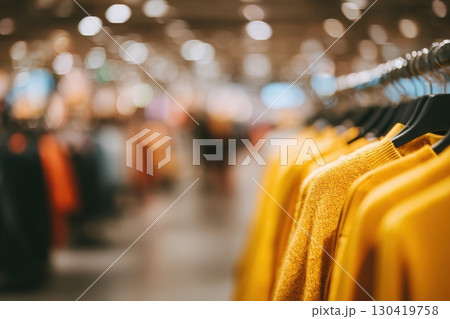 Vibrant yellow sweaters hang neatly on hangers inside a modern clothing store. Shoppers browse the well-lit aisles, creating a lively atmosphere for fashion enthusiasts. Vibrant yellow sweaters hang neatly on hangers inside a modern clothing store. Shoppers browse the well-lit aisles, creating a lively atmosphere for fashion enthusiasts. 130419758