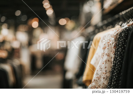 A collection of diverse clothing hangs on racks in a modern retail store. The soft lighting creates a warm atmosphere, inviting shoppers to browse the latest styles and patterns available. A collection of diverse clothing hangs on racks in a modern retail store. The soft lighting creates a warm atmosphere, inviting shoppers to browse the latest styles and patterns available. 130419759