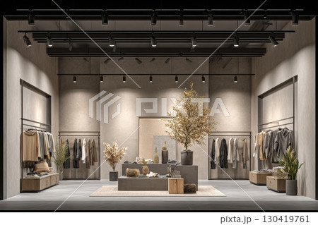 The interior of a contemporary clothing store showcases neatly arranged apparel in soft colors. Elegant fixtures and minimalistic decor create a soothing shopping atmosphere. The interior of a contemporary clothing store showcases neatly arranged apparel in soft colors. Elegant fixtures and minimalistic decor create a soothing shopping atmosphere. 130419761