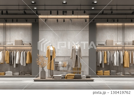 A sleek retail space showcases coordinated outfits in soft beige and mustard colors. A sleek retail space showcases coordinated outfits in soft beige and mustard colors. 130419762