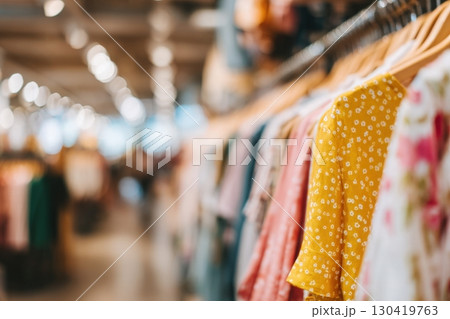 Clothing in bright colors and floral patterns are neatly displayed on hangers in a contemporary retail space. Shoppers can be seen browsing through various styles during the daytime. Clothing in bright colors and floral patterns are neatly displayed on hangers in a contemporary retail space. Shoppers can be seen browsing through various styles during the daytime. 130419763