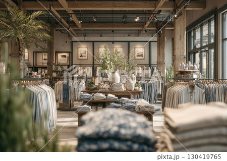 The store features neatly arranged clothing on racks, highlighting various designs and colors. The store features neatly arranged clothing on racks, highlighting various designs and colors. 130419765