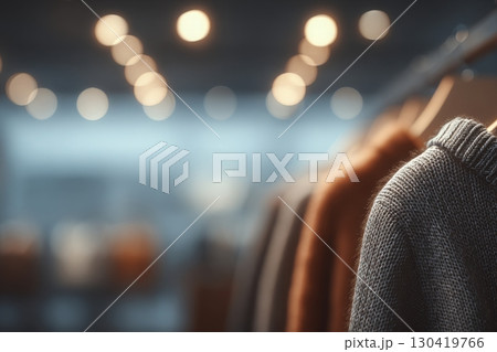 Soft and colorful knitwear hangs neatly on display in a boutique, illuminated by warm lights that create a welcoming ambiance. The focus is on textures and fabrics, evoking comfort. 130419766