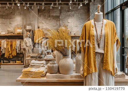 A boutique showcases a warm color palette with earthy tones, displaying neatly folded clothing and styled outfits. Decorative elements like flowers add a charming touch to the inviting space. 130419770