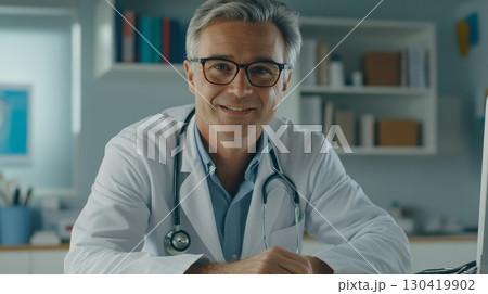 Portrait of a friendly mature male doctor smiling while sitting at his desk in a medical office, embodying the essence of healthcare and medicine in a professional setting Portrait of a friendly mature male doctor smiling while sitting at his desk in a medical office, embodying the essence of healthcare and medicine in a professional setting 130419902
