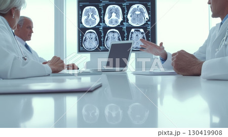 Doctors and medical professionals are meeting in a hospital conference room, analyzing brain scans displayed on a large monitor, discussing diagnosis and treatment options 130419908