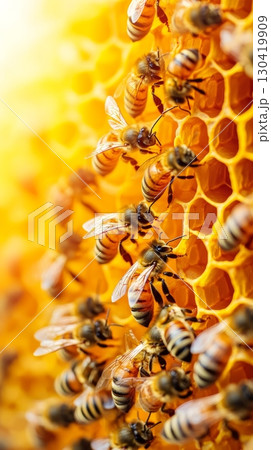 Close up of honey bees working diligently on a honeycomb within a beehive, showcasing the intricate process of honey production in an apiary setting, bathed in warm sunlight 130419909
