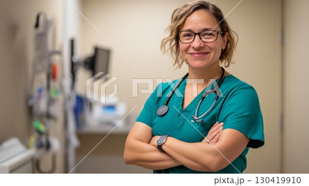 Confident medical professional smiles while standing with arms crossed in a hospital room, showcasing expertise and care in healthcare setting 130419910