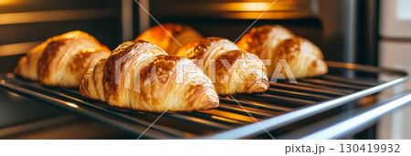 Delicious golden brown croissants baking in a modern oven, resting on a metal rack, showcasing their flaky layers and inviting aroma, perfect for breakfast or brunch 130419932