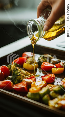Chef pours olive oil from a small glass bottle onto a tray of roasted vegetables, including broccoli, tomatoes, and peppers, in a professional kitchen setting 130419965